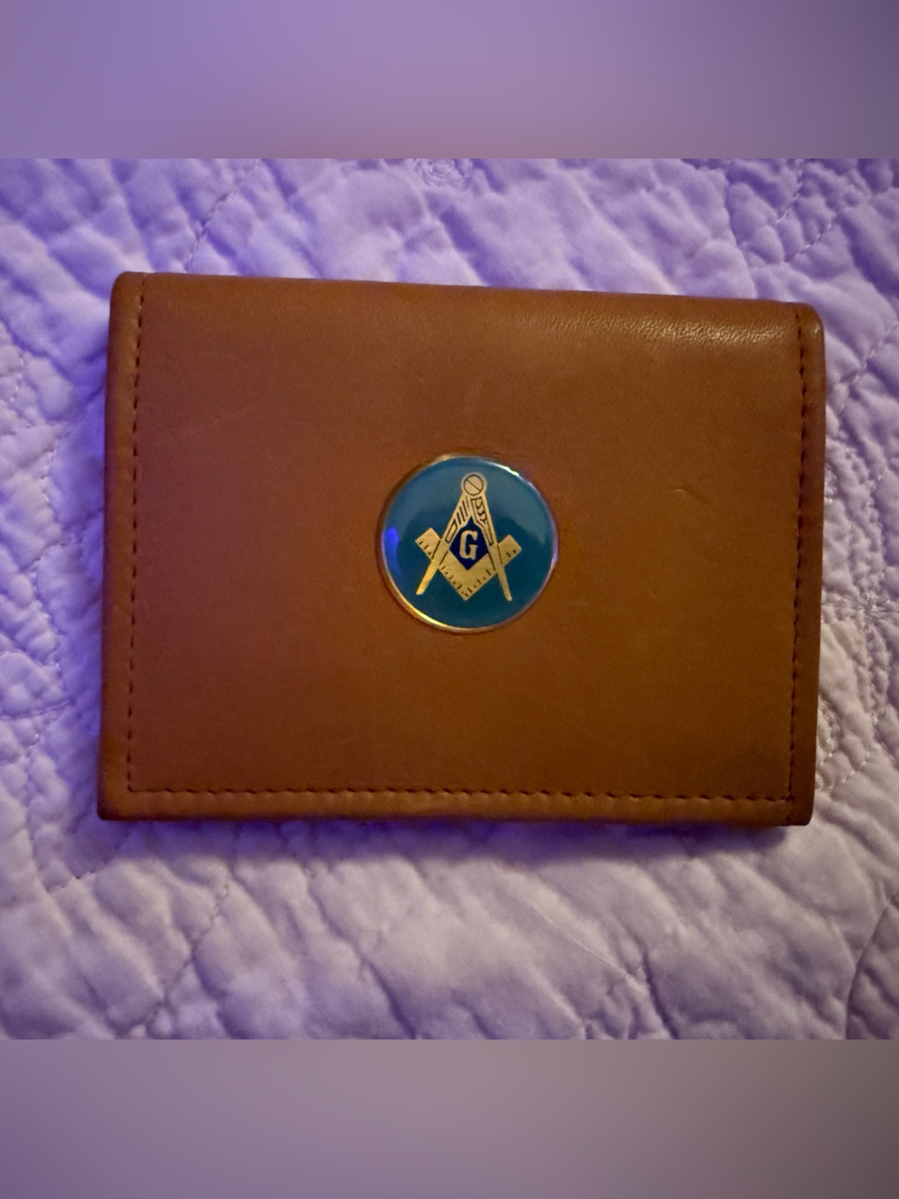 Brown Leather Bi-Fold Wallet with Masonic Blue Emblem - Men Accessories